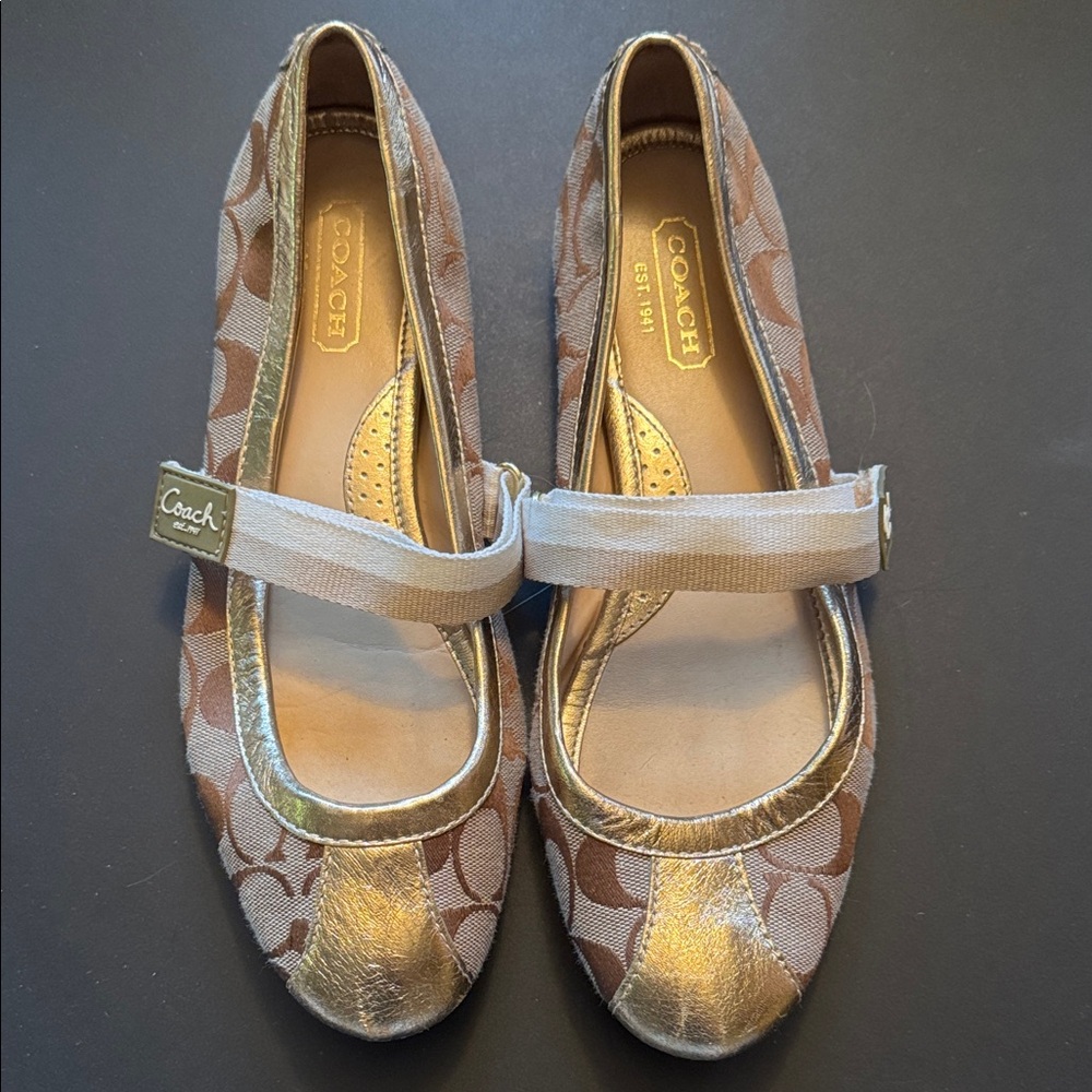 Coach Metallic Gold and Brown Patterned Flats